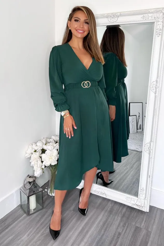 AX Paris Teal Long Sleeve Belted Midi Dress Dresses