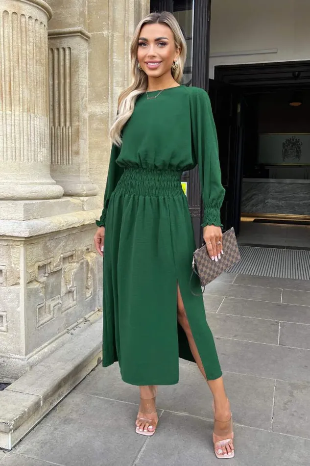 AX Paris Teal Long Sleeve Shirred Detail Midi Dress Dresses