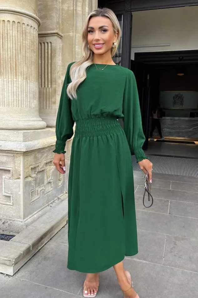 AX Paris Teal Long Sleeve Shirred Detail Midi Dress Dresses