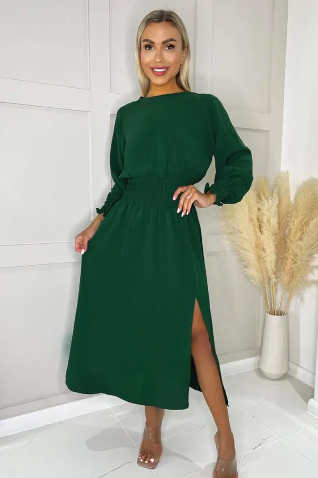 AX Paris Teal Long Sleeve Shirred Detail Midi Dress Dresses