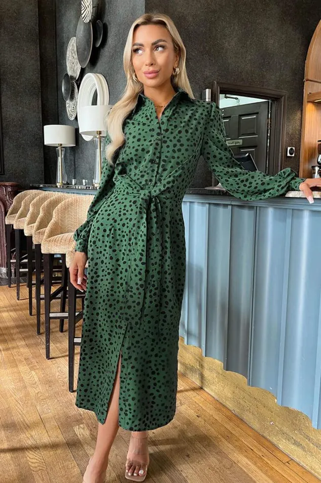 AX Paris Teal Printed Tie Waist Button Front Shirt Midi Dress Dresses