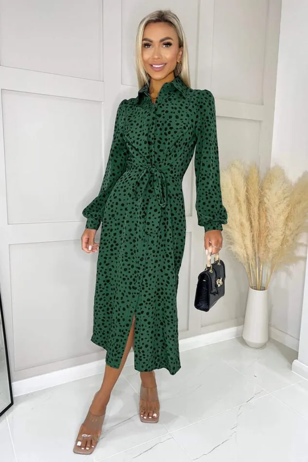 AX Paris Teal Printed Tie Waist Button Front Shirt Midi Dress Dresses