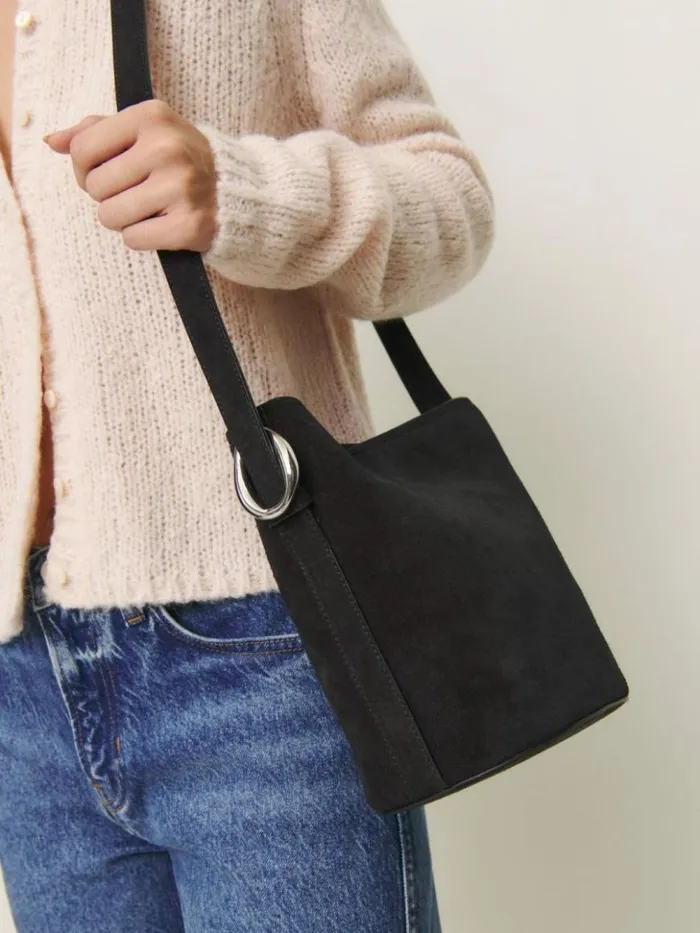 Bags The Reformation Seleena Small Bucket Bag Black Suede