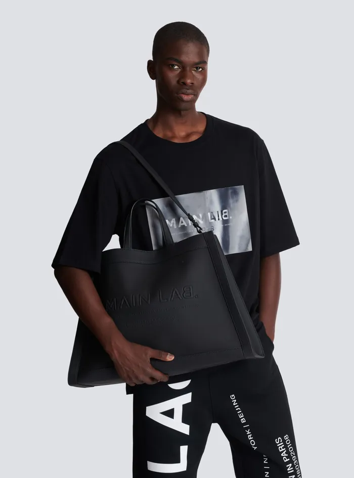 Balmain Bags And Backpacks Men By Olivier Rubbereffect Leather Tote Bag Black