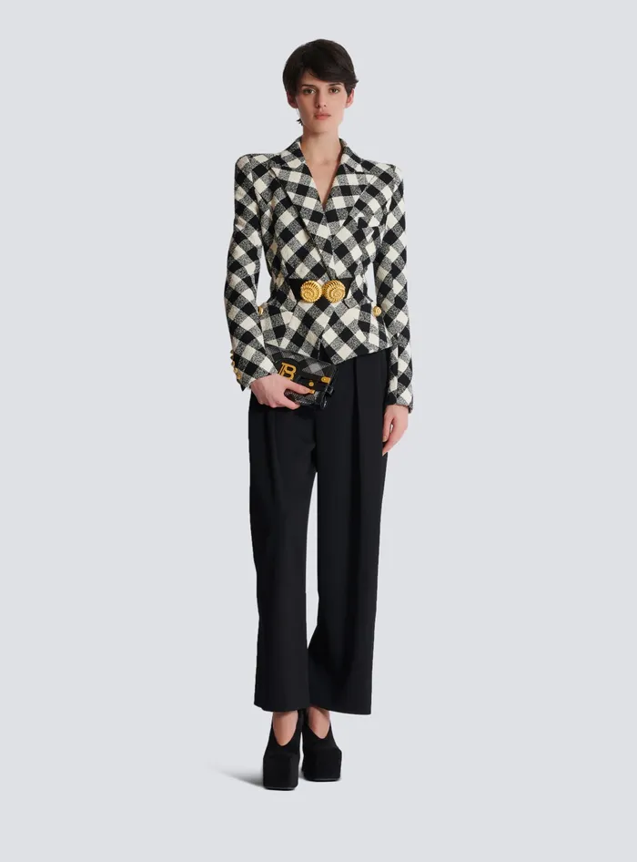 Balmain Clutches Women BBuzz Pouch 23 With Gingham Sequins And Patent Leather Black