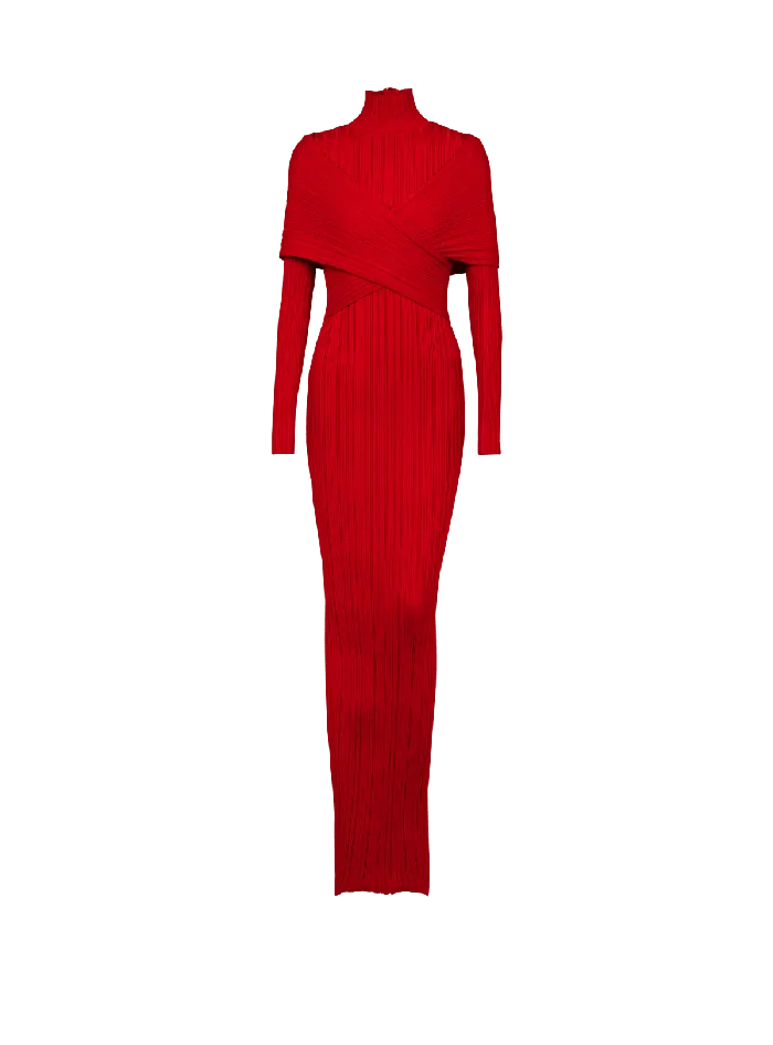 Balmain Dresses Women Long Pleated Knit Dress Red