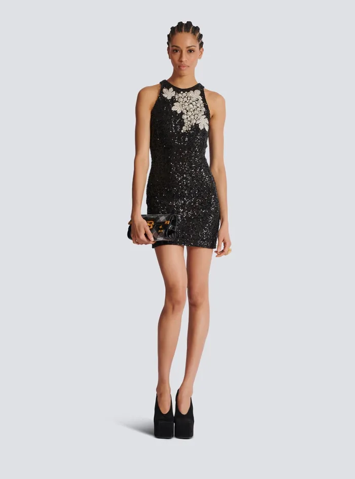 Balmain Dresses Women Sequin Dress With Grape Embroidery Black