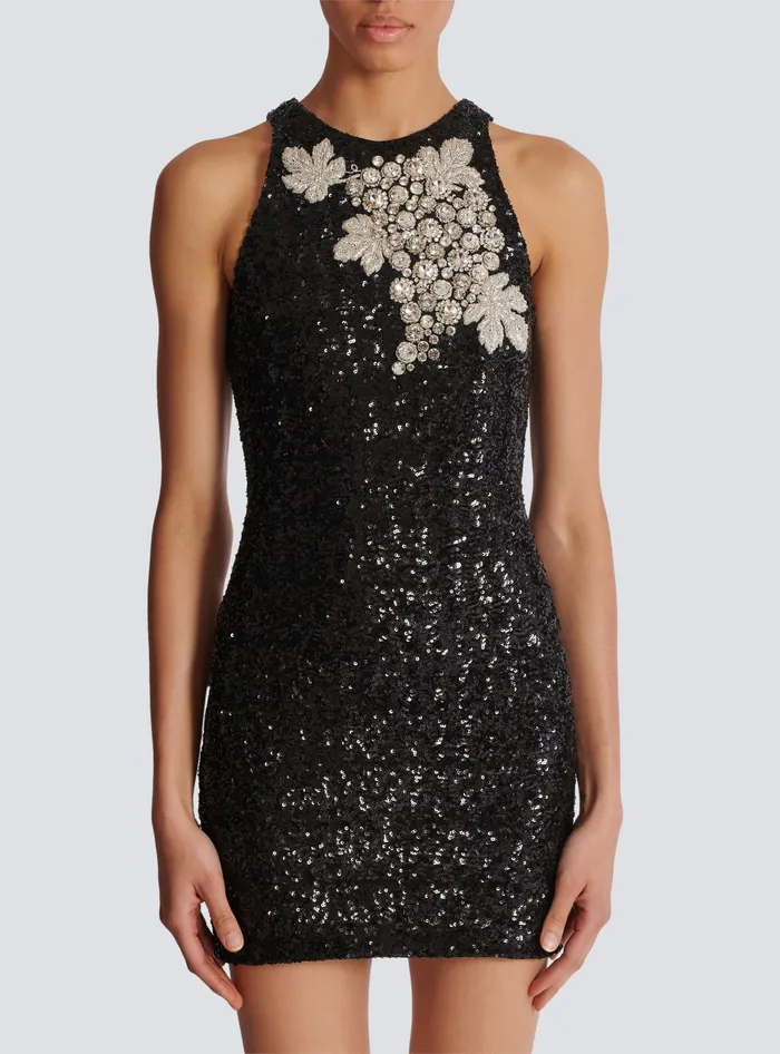 Balmain Dresses Women Sequin Dress With Grape Embroidery Black