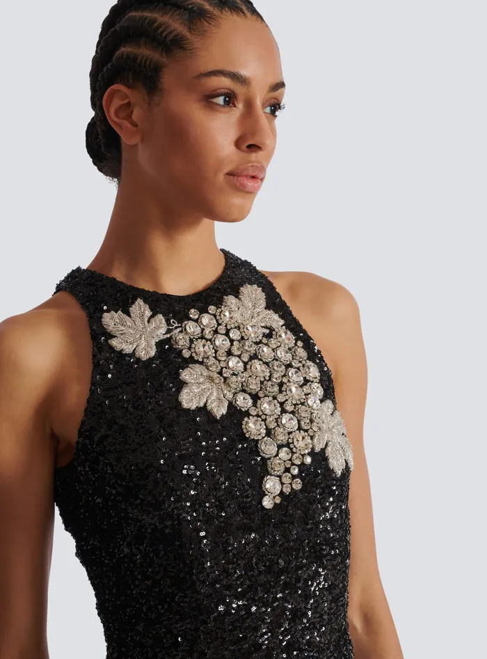 Balmain Dresses Women Sequin Dress With Grape Embroidery Black