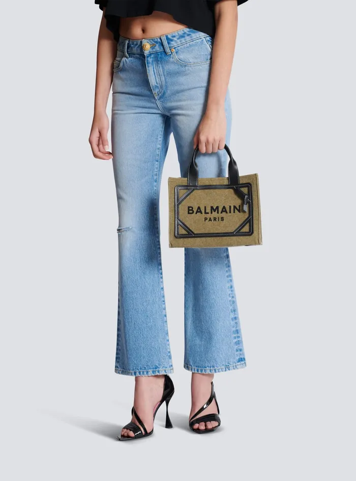 Balmain Handbags Women BArmy Small Tote Bag In Canvas And Leather Khaki