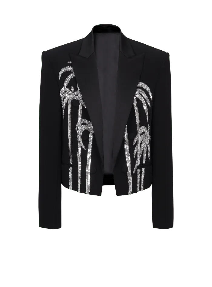 Balmain Jackets And Blazers Men Cropped Crepe Jacket With Palm Tree Embroidery Black Balmain Jackets And Blazers Men Cropped Crepe Jacket With Palm Tree Embroidery Black