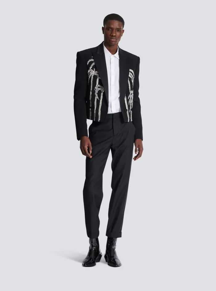 Balmain Jackets And Blazers Men Cropped Crepe Jacket With Palm Tree Embroidery Black
