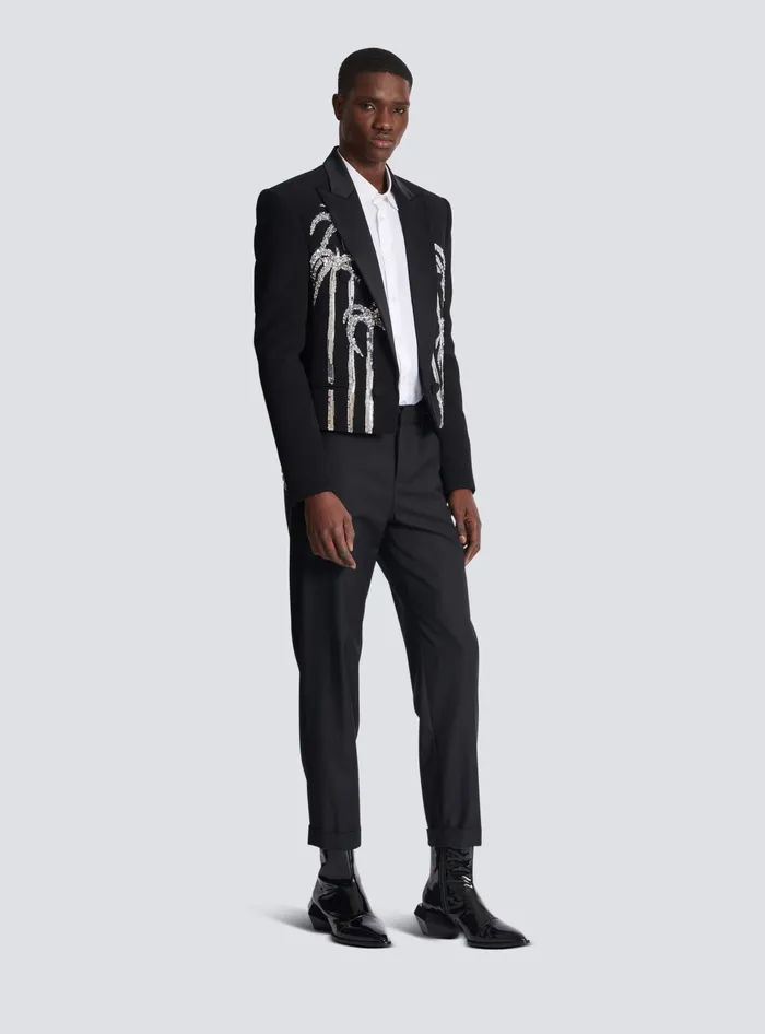 Balmain Jackets And Blazers Men Cropped Crepe Jacket With Palm Tree Embroidery Black
