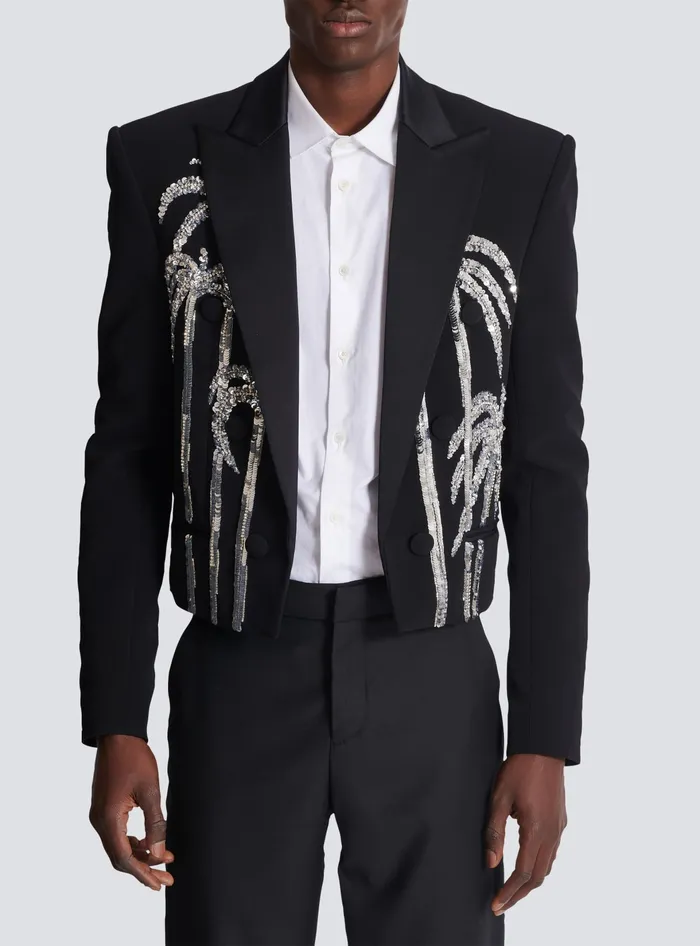 Balmain Jackets And Blazers Men Cropped Crepe Jacket With Palm Tree Embroidery Black