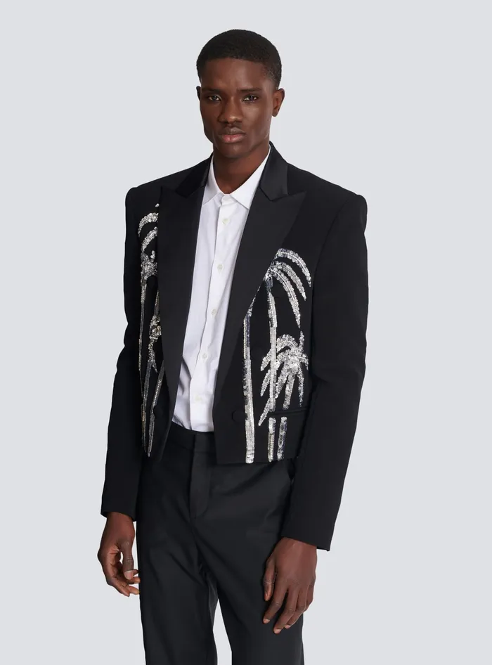 Balmain Jackets And Blazers Men Cropped Crepe Jacket With Palm Tree Embroidery Black