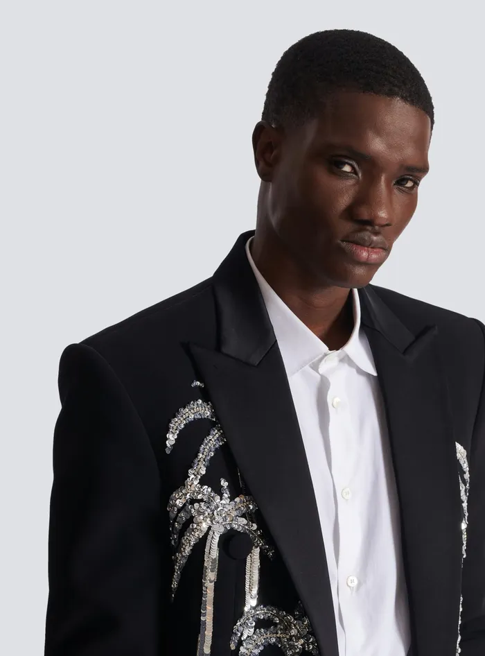 Balmain Jackets And Blazers Men Cropped Crepe Jacket With Palm Tree Embroidery Black