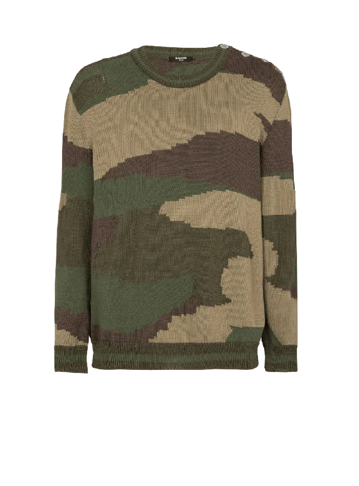 Balmain Knitwear Men Wool Camouflage Jumper Khaki