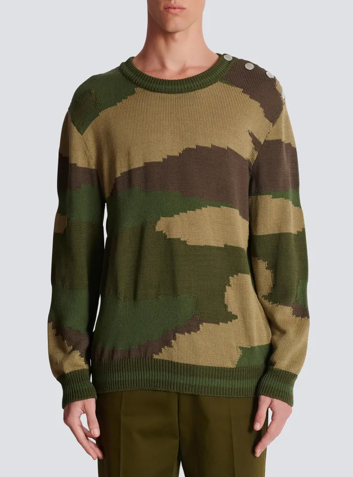 Balmain Knitwear Men Wool Camouflage Jumper Khaki