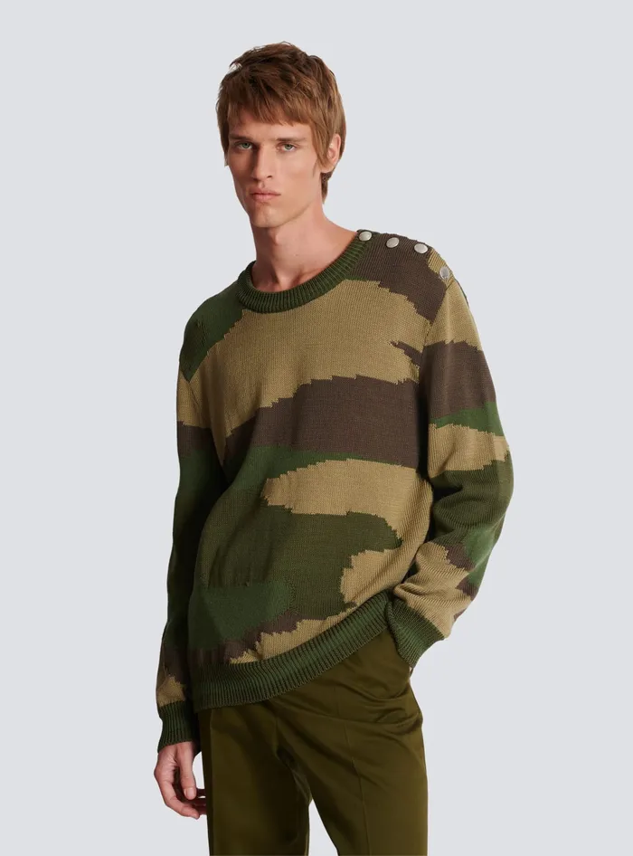 Balmain Knitwear Men Wool Camouflage Jumper Khaki
