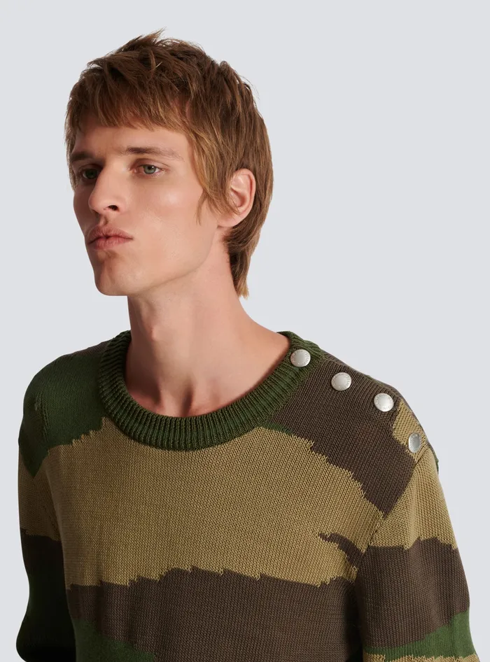 Balmain Knitwear Men Wool Camouflage Jumper Khaki