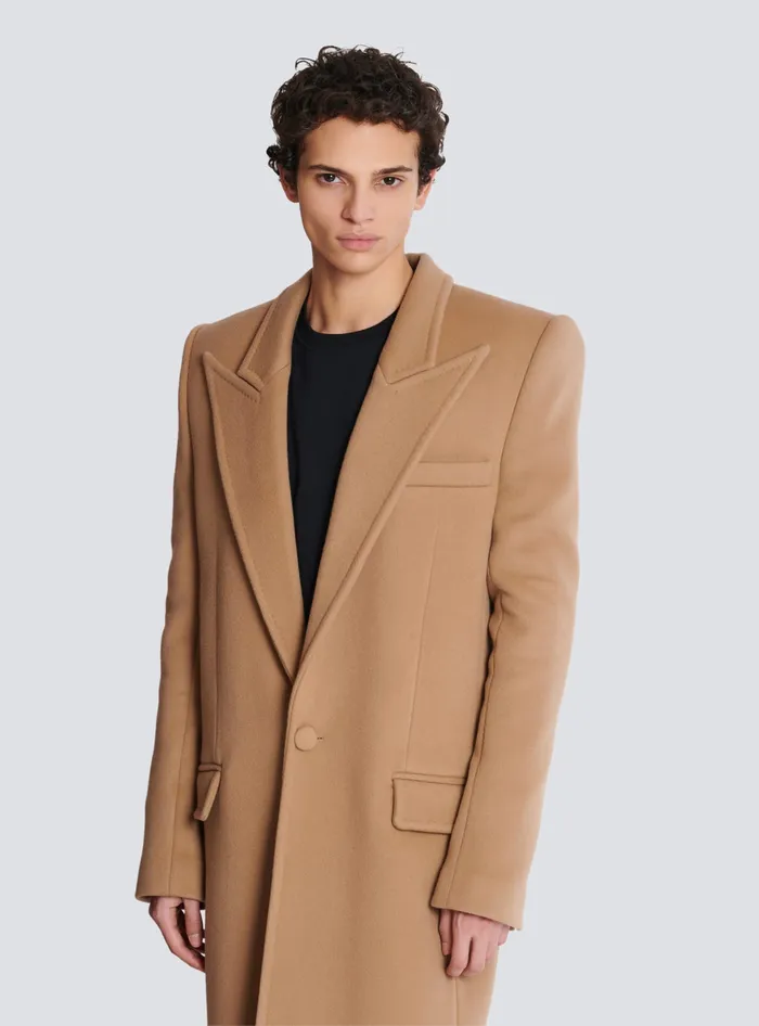 Balmain Outerwear Men Long Wool And Cashmere Coat Brown
