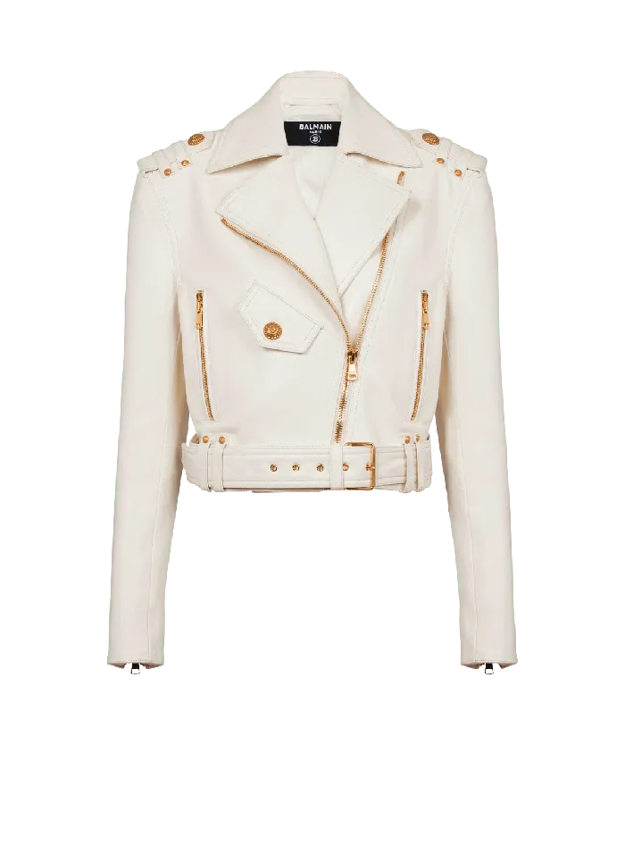 Balmain Outerwear Women Zipped Leather Biker Jacket Beige