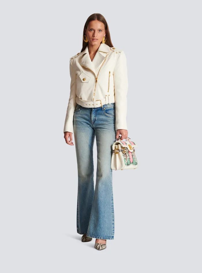 Balmain Outerwear Women Zipped Leather Biker Jacket Beige