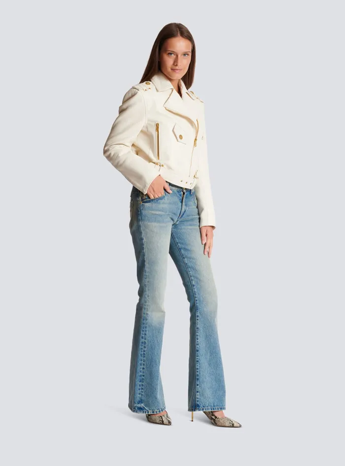 Balmain Outerwear Women Zipped Leather Biker Jacket Beige
