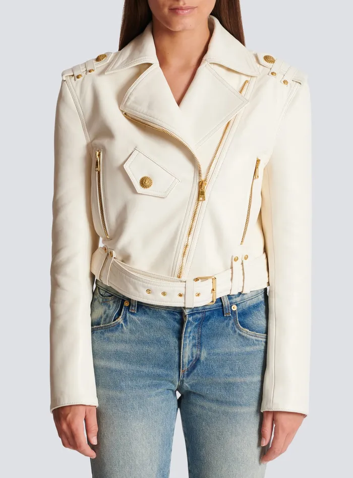 Balmain Outerwear Women Zipped Leather Biker Jacket Beige