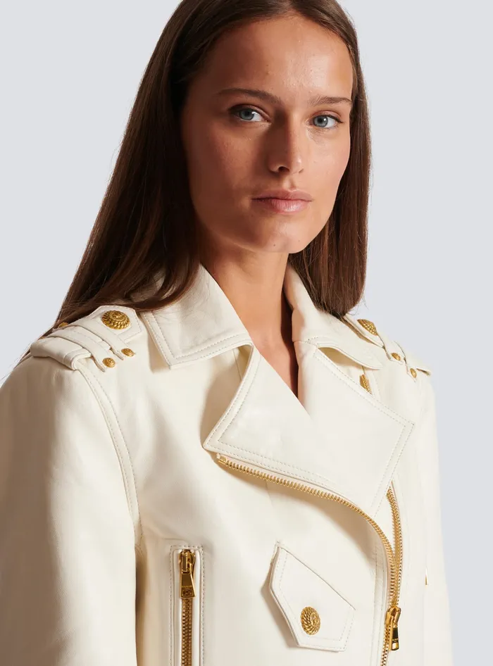 Balmain Outerwear Women Zipped Leather Biker Jacket Beige