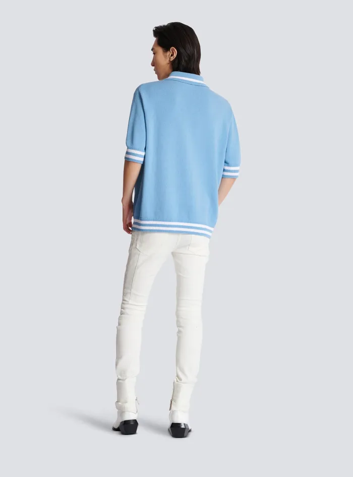 Balmain Shirts And Polos Men Wool Polo Shirt With Signature Embroidery Blue
