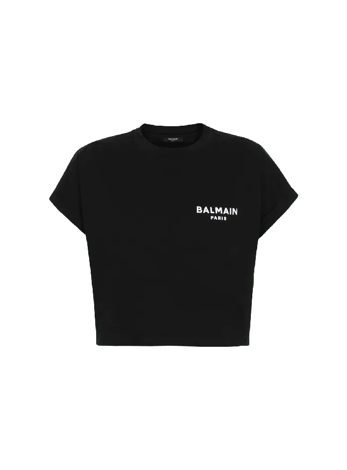 Balmain TShirts Women Cropped Ecodesigned Cotton Tshirt With Small Flocked Logo Black Balmain TShirts Women Cropped Ecodesigned Cotton Tshirt With Small Flocked Logo Black