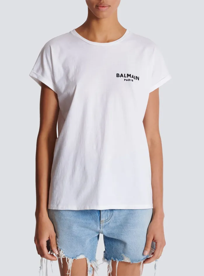 Balmain TShirts Women Tshirt With Flocked Paris Logo White