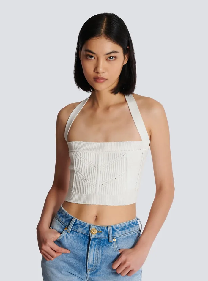 Balmain Tops And Shirts Women Knitted Halterneck Top White