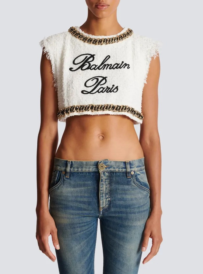 Balmain Tops And Shirts Women Signature Tweed Tank Top White