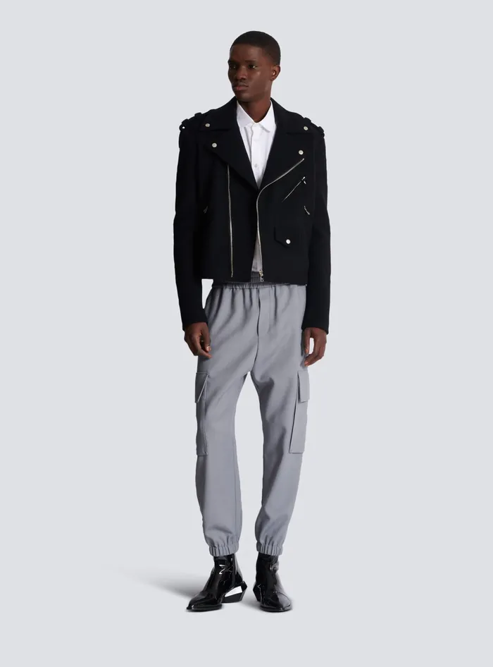 Balmain Trousers And Shorts Men Double Crepe Wool Cargo Trousers Grey