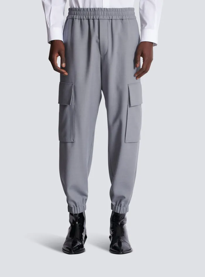 Balmain Trousers And Shorts Men Double Crepe Wool Cargo Trousers Grey