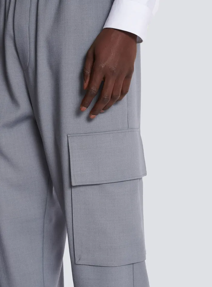 Balmain Trousers And Shorts Men Double Crepe Wool Cargo Trousers Grey