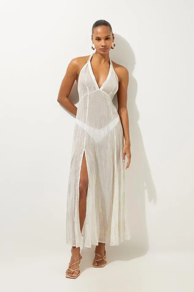 Beachwear Women Karen Millen Beach Metallic Thread Halter Maxi Dress Ivory