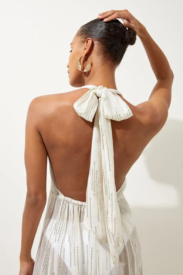 Beachwear Women Karen Millen Beach Metallic Thread Halter Maxi Dress Ivory