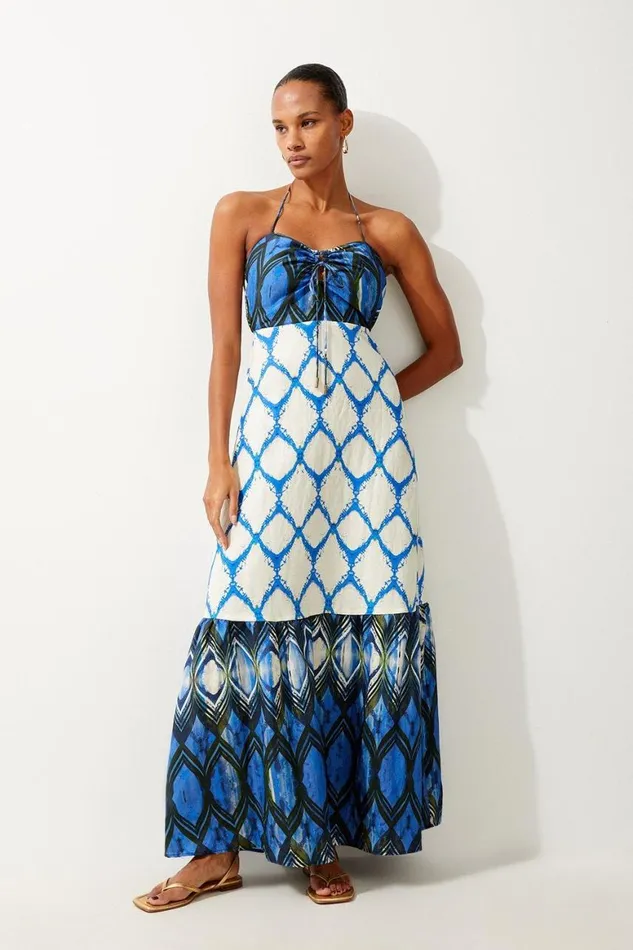 Beachwear Women Karen Millen Petite Tile Printed Viscose Linen Woven Maxi Beach Dress Blue