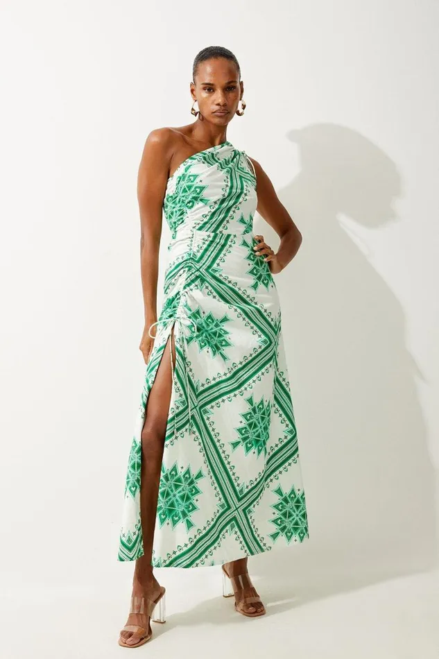 Beachwear Women Karen Millen Printed Cotton Voile One Shoulder Midi Dress Green Beachwear Women Karen Millen Printed Cotton Voile One Shoulder Midi Dress Green