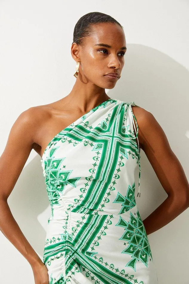 Beachwear Women Karen Millen Printed Cotton Voile One Shoulder Midi Dress Green