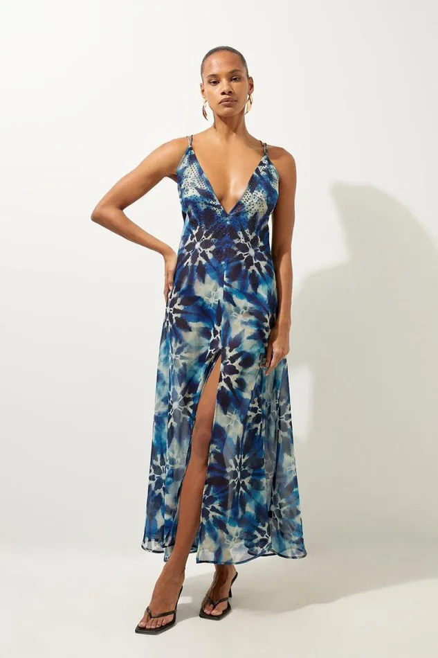 Beachwear Women Karen Millen Tie Dye Embellished Strappy Beach Maxi Dress Dark Blue Beachwear Women Karen Millen Tie Dye Embellished Strappy Beach Maxi Dress Dark Blue