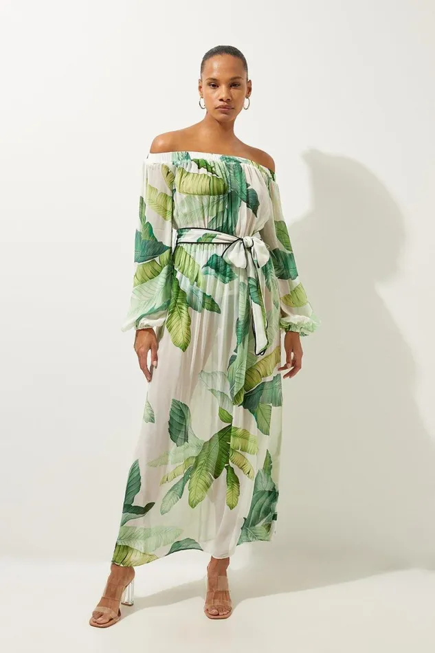 Beachwear Women Karen Millen Tropical Palm Print Beach Off The Shoulder Maxi Dress Green Beachwear Women Karen Millen Tropical Palm Print Beach Off The Shoulder Maxi Dress Green