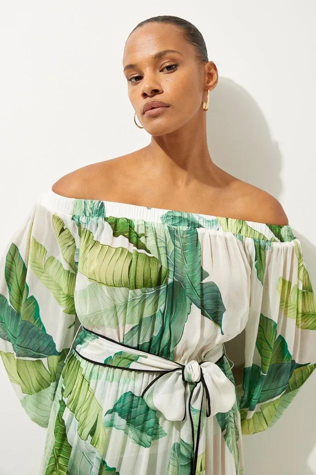 Beachwear Women Karen Millen Tropical Palm Print Beach Off The Shoulder Maxi Dress Green