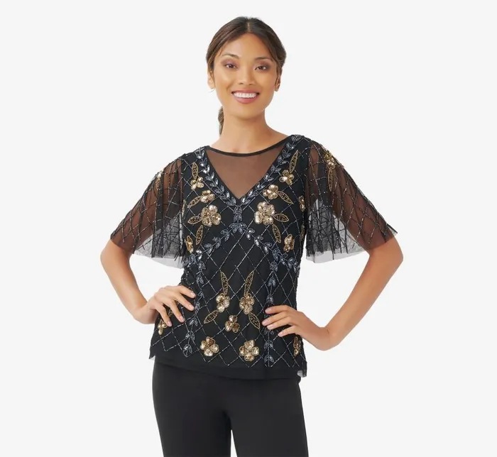 Beaded Dresses Womens Adrianna Papell HandBeaded Illusion Top With Flutter Sleeves In Black Gold Beaded Dresses Womens Adrianna Papell HandBeaded Illusion Top With Flutter Sleeves In Black Gold