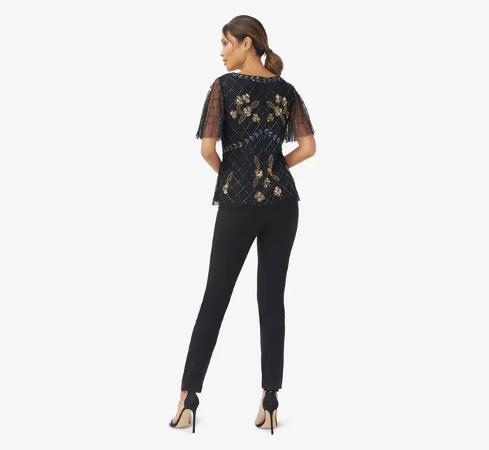 Beaded Dresses Womens Adrianna Papell HandBeaded Illusion Top With Flutter Sleeves In Black Gold