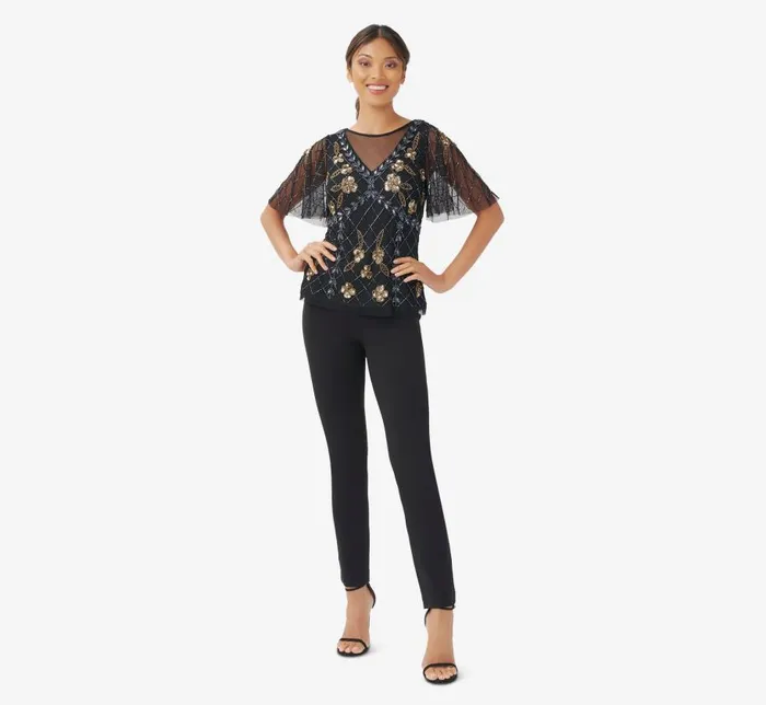 Beaded Dresses Womens Adrianna Papell HandBeaded Illusion Top With Flutter Sleeves In Black Gold