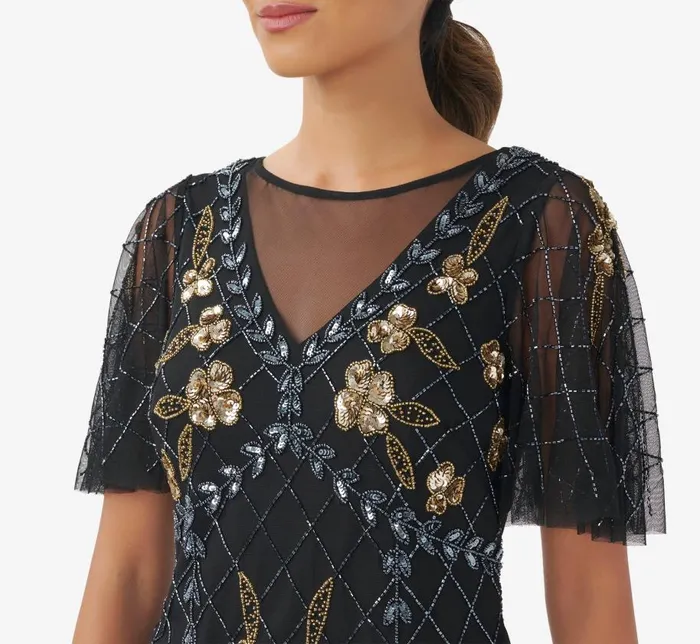 Beaded Dresses Womens Adrianna Papell HandBeaded Illusion Top With Flutter Sleeves In Black Gold